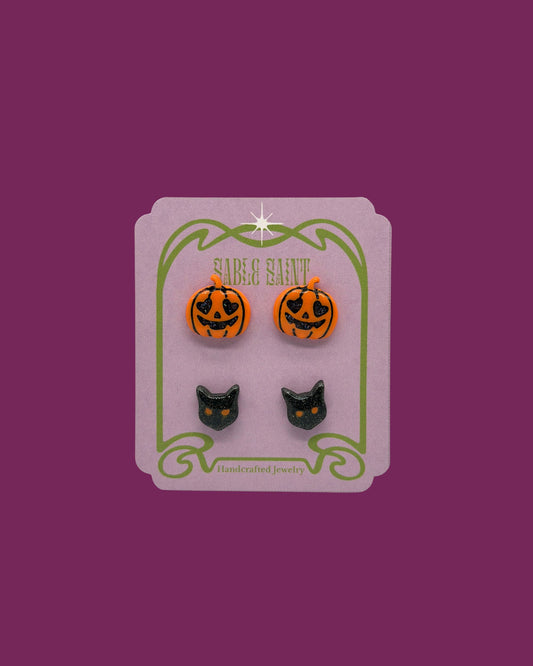 Trick or Trinket - Pumpkin and Black Cat Stud Set