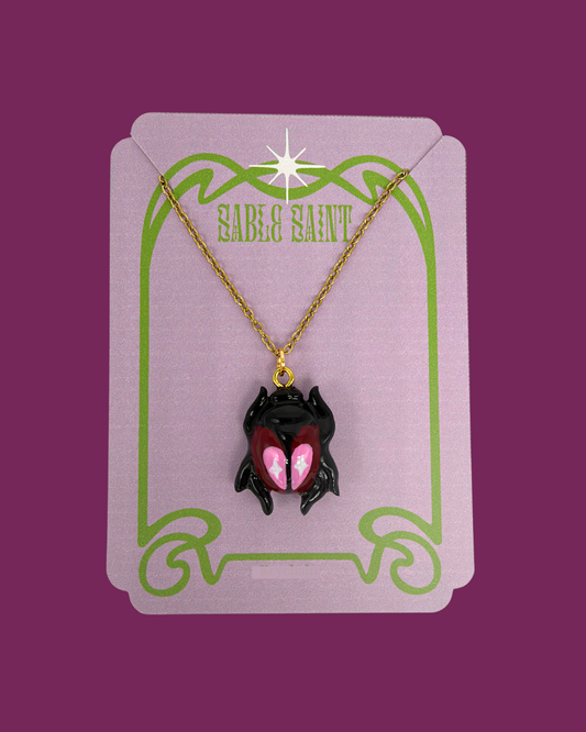 Sacred Scarab Pendant Necklace - Red Hearts